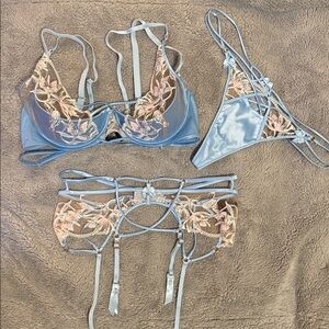 Honey Birdette Evangeline Blue Floral 3-pc Lingerie Set